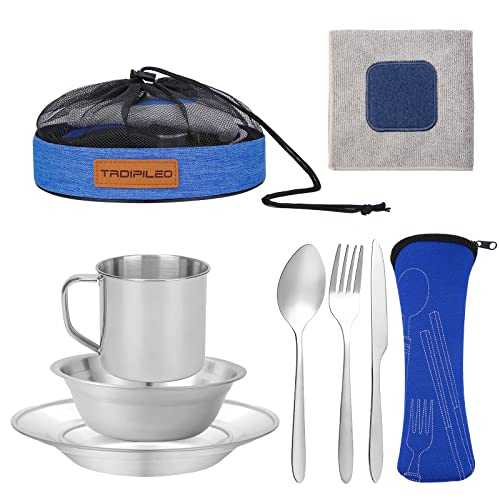 Camping Cutlery Set, 8 Piece Stainless Steel Cutlery Set Including Cutlery Spoons Mug Bowls & Plates Rags, Organizer Straps Easy to Carry for Backpacking, Camping, Hiking and Picnics (Blue)