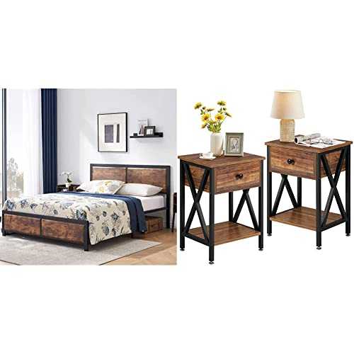 VECELO Queen Platform Bed Frame with Rustic Vintage Wood Headboard, Mattress Foundation, Strong Metal Slats Support, No Box Spring Needed Nightstands Set of 2, Modern Bedside End Tables
