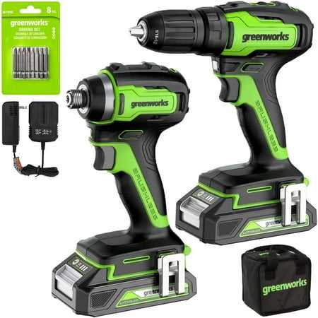 Greenworks 24V Brushless 1/2 Drill + 1/4 Impact Driver Combo Kit with (2) Batteries and Charger