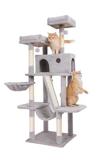 Ouritsu Cat Tree, 61.34" Tall Cat Tower for Large Cat Indoor, Two Top Perches One Widened, Extra Large Condo with side door, Scratching Post and ramp, Hammock, Fluffy Basket, Light Gray, LF002GA