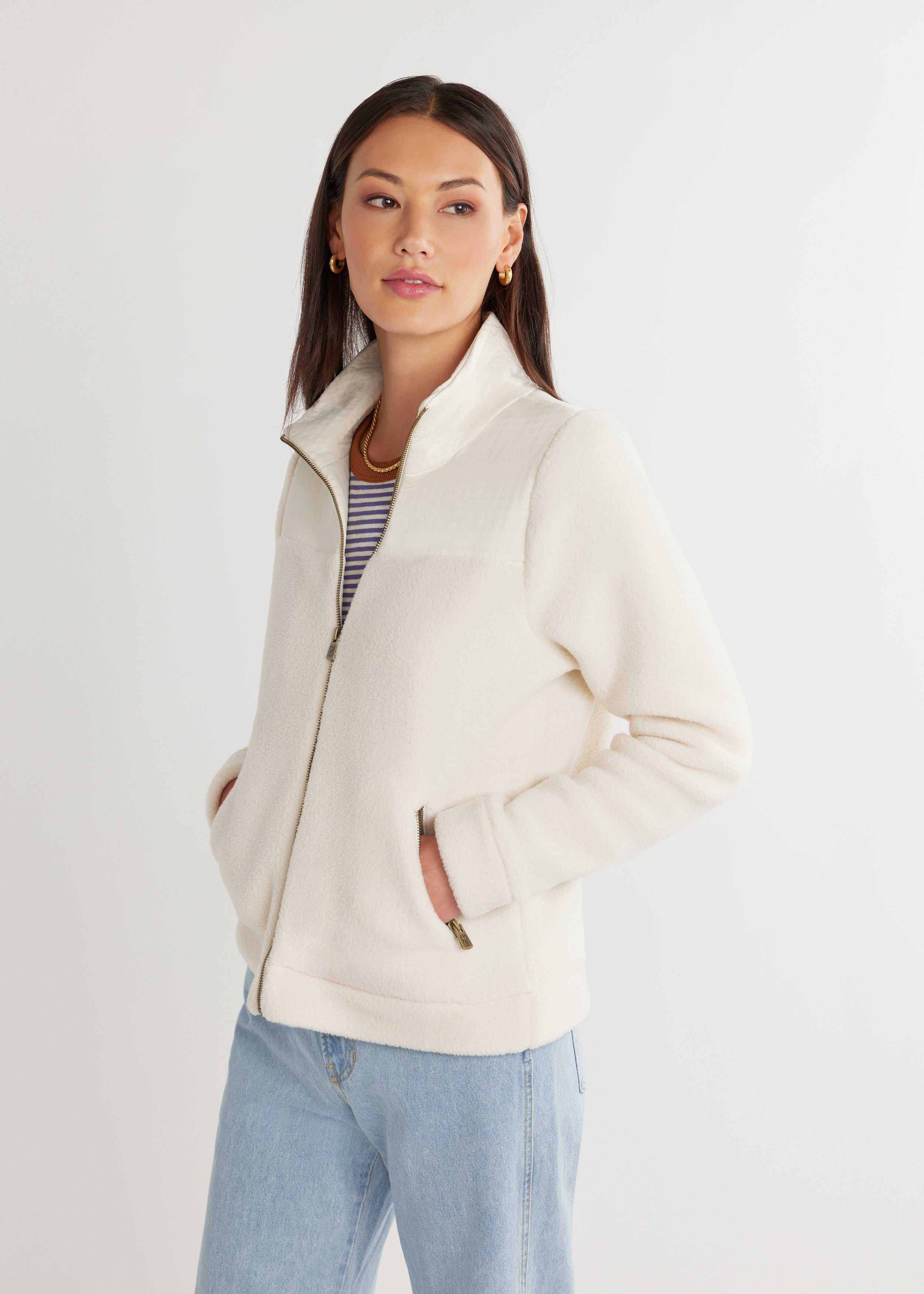 Women's Quincy Jacket in Sherpa Fleece (Cream) in Size L - Modern Fleece Clothing