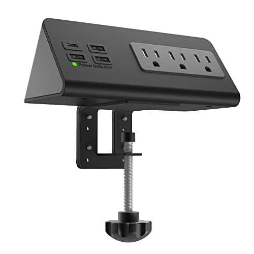 Nightstand Edge Mount Power Strip with USB-C Ports Tabletop Surge Protector Desk Clamp Power Sockets with 3 AC Outlets &4 Fast Charging USB Ports for Home Office Hotel and Dormitory