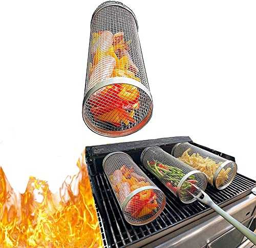 Rolling Grilling Basket, Stainless Steel BBQ Grill Basket, Outdoor Camping Barbecue Portable Roll Grill Basket, Suitable For Fish, Shrimp, Meat, Vegetables, French Fries (7.87 Inch)