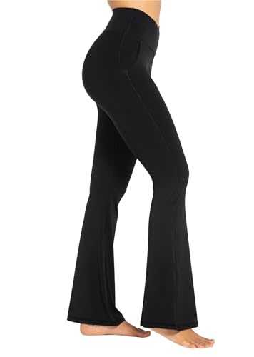Sunzel Flare Leggings for Women with Pockets, Crossover Yoga Pants with Tummy Control, High Waisted and Wide Leg 30" Inseam Black X-Large