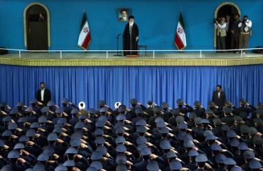 Iranian army air force officers saluting Supreme Leader Ayatollah Ali Khamenei during a ceremony in Tehran, Feb. 8, 2015.