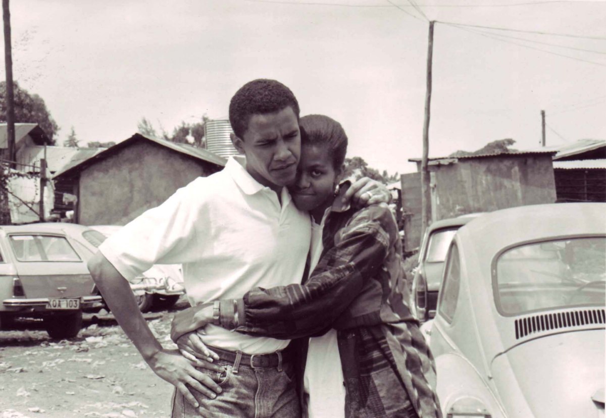 Barack Obama and fiancÃ©e, Michelle, in Kenya, 1992.