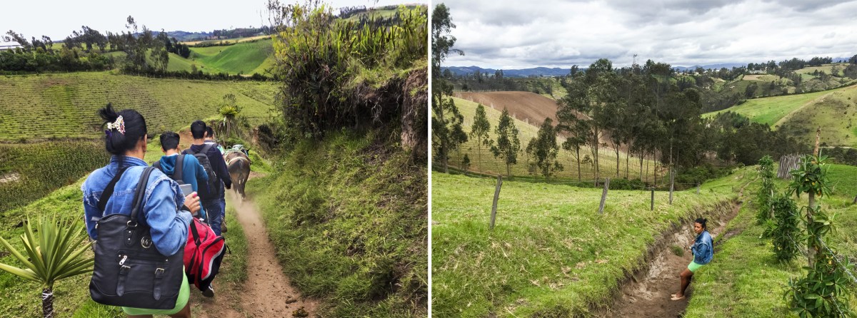 Left: Marta walks on a path with other migrants, including some from Haiti and as far away as Bangladesh, while crossing the border from Ecuador into Colombia on May 26. Right: Marta rests following the long hike. The Colombian military had shown up and detained the Haitian and Bangladeshi migrants. Liset and Marta walked freely to the other side.