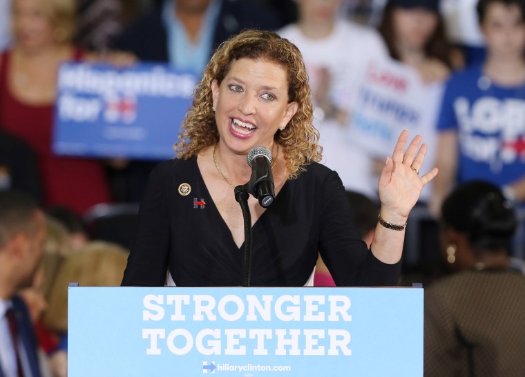 Debbie Wasserman Schultz speaks before the arrival of Hillary Clinton during a campaign rally at the Sunrise Theatre on Sept. 30, 2016 in Coral Springs, Florida.