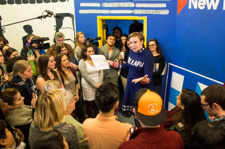 Screenwriter and actress Lena Dunham speaks to a crowd at a Hillary Clinton campaign office on January 8, 2016 in Manchester, New Hampshire.