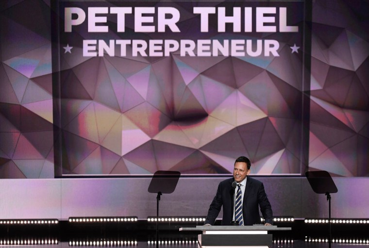 Peter Thiel, co-founder of PayPal Inc., speaks during the Republican National Convention, on July 21, 2016, in Cleveland.