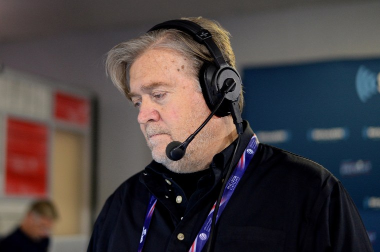 Stephen K. Bannon takes calls while hosting Brietbart News Daily on SiriusXM Patriot at Quicken Loans Arena on July 21, 2016, in Cleveland.