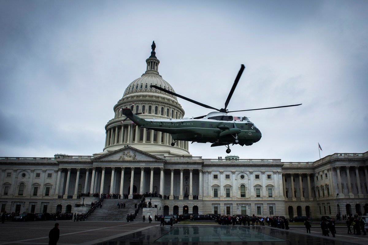 The helicopter carrying former President Obama and former First Lady Michelle Obama leaves the Capitol following the inauguration of President Donald Trump in Washington, D.C., on Jan. 20, 2017.