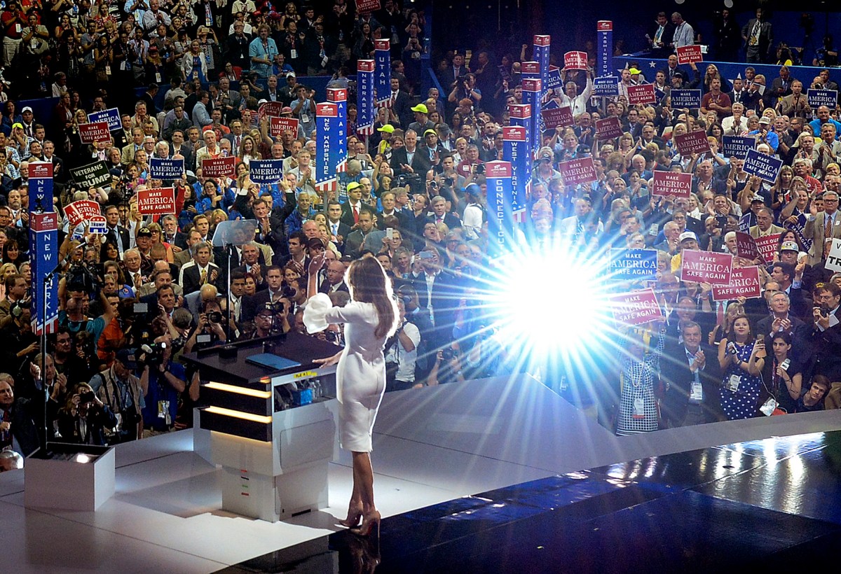 Melania Trump waves to the crowd at the end of her speech on the opening day of the Republican National Convention, on July 18, 2016.