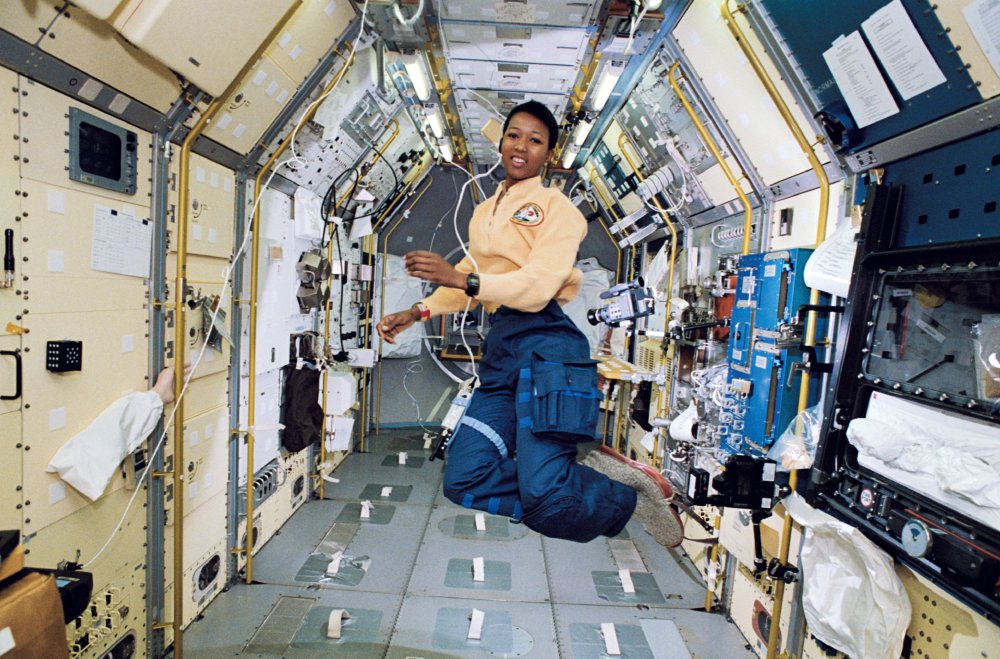Mae Jemison, a STS-47 mission specialist, floats aboard the Earth-orbiting Space Shuttle Endeavour in September, 1992. 