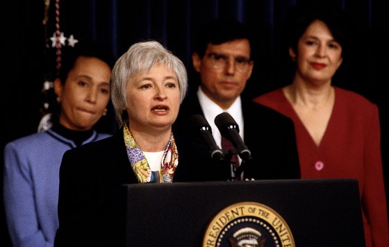 Janet Yellen speaking at the White House in Washington, DC, 1996.
