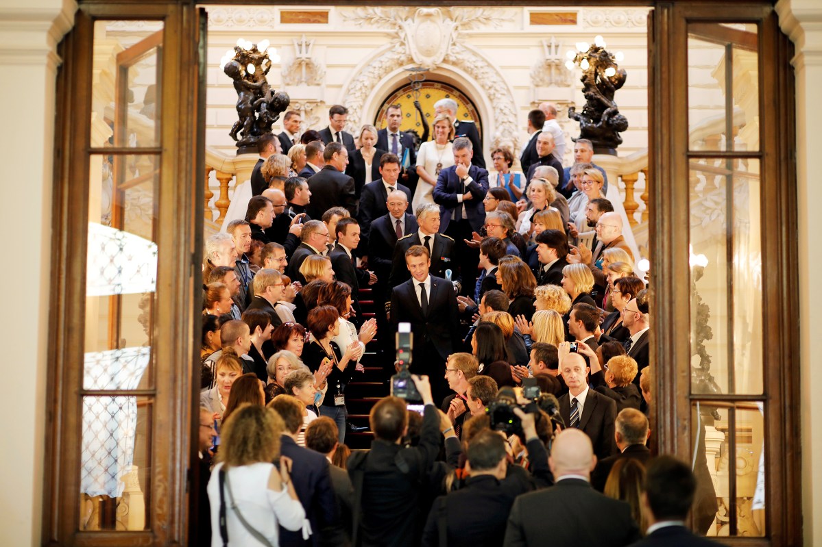 Macron, center, leaves FranceÃ¢Â€Â™s LyonÃ‚ prefecture on Sept.Ã‚ 28