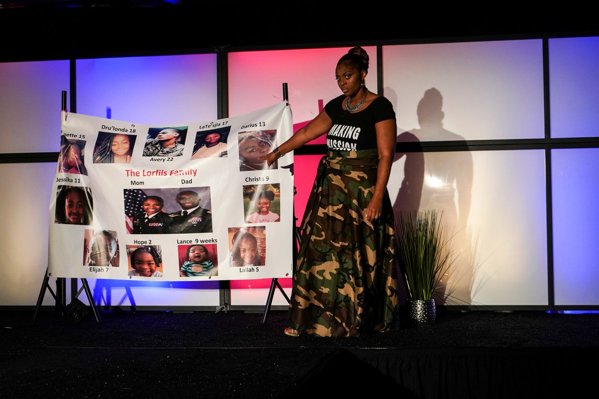 2017. Washington DC. USA. Leslie Latimore-Lorfils talks about the struggles of raising 11 children while serving in the military. 2017 Ms. Veteran America pageant in Washington DC. Ms. Veteran America is a pageant for active duty and retired female members of the armed forces. Part beauty pageant, part talent competition, part test of strength and commitment, the event raises funds for Final Salute, an organization providing housing and support for homeless women veterans and their children. Some of the participants danced and some sang, but many gave testimonials of sexual assault, PTSD and homelessness. Lindsay Gutierrez won the 2017 competition. The keynote speaker was the original "Daisy Duke", Catherine Bach.