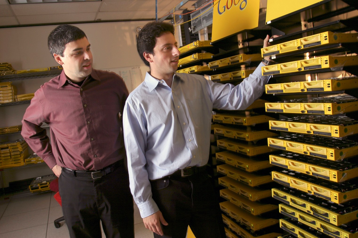 Google co-founders Larry Page, left, and Sergey Brin, at their campus headquarters in Mountain View, Calif., 2003.