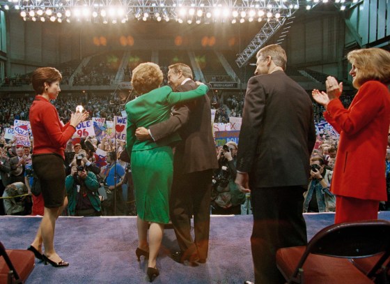 Sen. Bob Dole hugs his wife Elizabeth after announcing he is running for president on the Republican ticket on April 10, 1995, in Topeka, Kan.