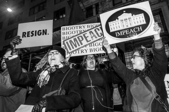 Activists gather outside a Trump-owned building in New York City in 2017 to rally for the Presidentâ€™s removal