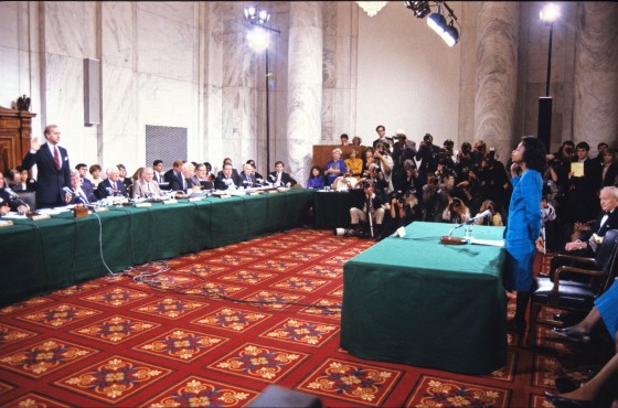 A presidential campaign would spotlight Bidenâ€™s record on gender issues, from the Anita Hill hearings in 1991 (pictured) to his introduction of the 1994 Violence Against Women Act, to his tactile tendencies, as in a 2012 campaign stop at a Seaman, Ohio, diner