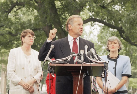 A presidential campaign would spotlight Bidenâ€™s record on gender issues, from the Anita Hill hearings in 1991, to his introduction of the 1994 Violence Against Women Act (pictured), to his tactile tendencies, as in a 2012 campaign stop at a Seaman, Ohio, diner