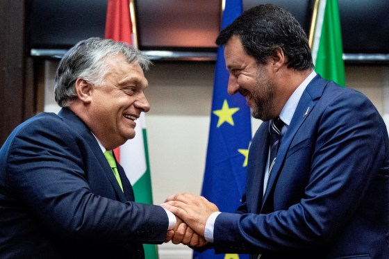 Italyâ€™s Salvini, right, greets Hungaryâ€™s Orban in Milan