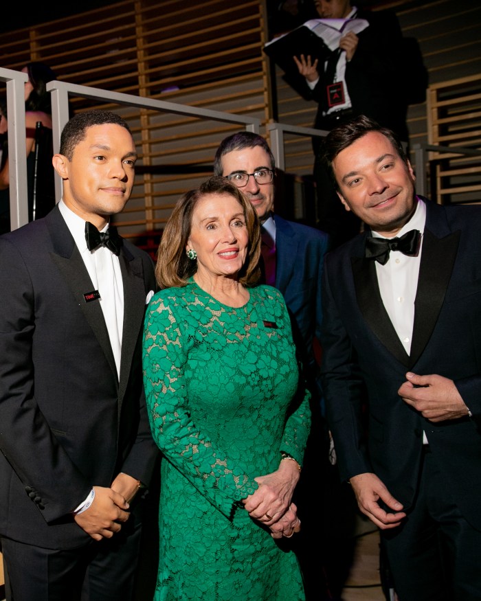 Trevor Noah, Nancy Pelosi, John Oliver and Jimmy Fallon at the Time 100 Gala at Jazz at Lincoln Center in New York City on April 23, 2019.