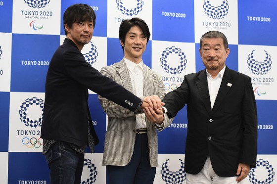 (L-R) Executive Creative Director for the Olympic Games, Takashi Yamazaki, Chief Executive Creative Director, Mansai Nomura and Executive Creative Director for the Paralympic Games, Hiroshi Sasaki pose for a photograph during a press conference of the creative directors for opening and closing ceremonies of Tokyo 2020 Olympic and Paralympic Games in Tokyo, Japan on July 31, 2018.