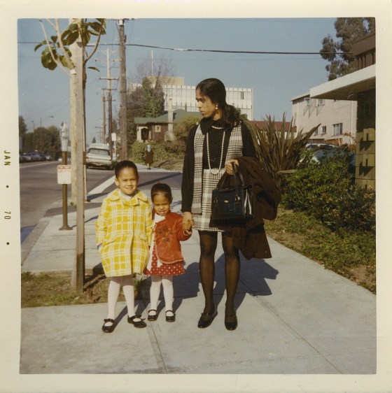 Kamala Harris with her younger sister, Maya, and their mother outside of their apartment on Milvia Street in Jan. 1970.