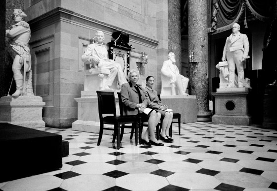 bMarch 2001/b The only two female Justices of the U.S. Supreme Court, Sandra Day O'Connor and Ruth Bader Ginsburg, pose for a portrait in Statuary Hall, surrounded by statues of men at the U.S. Capitol Building in Washington, D.C. The two Justices were preparing to address a meeting of the Congressional Women's Caucus.